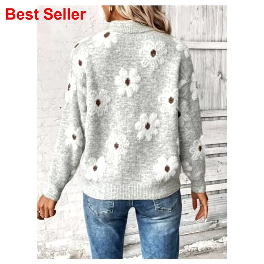 Quarter Zip Floral Pullover Sweater Long Sleeve V Neck Casual Top - Picture 2 of 7